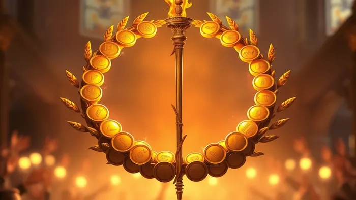 Символическое изображение Шестерки Жезлов Таро в контексте денег: лавровый венок из золотых монет и пылающий жезл на фоне приветствующей толпы.