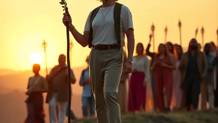 Современная интерпретация карты Таро Шестёрка Жезлов: человек, увенчанный лавровым венком, с жезлом в руке, в окружении последователей на фоне заката.