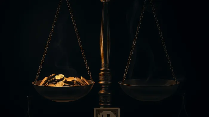 Символическое изображение весов справедливости: на одной чаше монеты, на другой — дым в форме человеческого силуэта. Рядом карта Таро Справедливость.