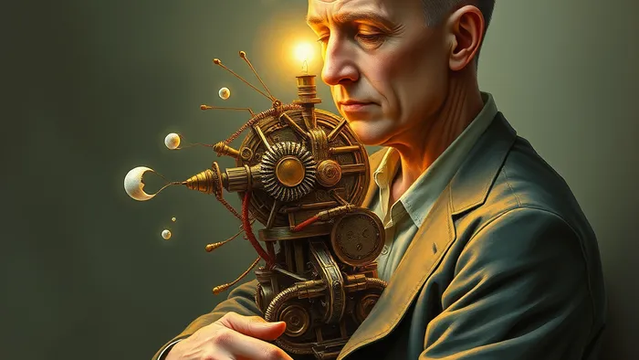 Символическое изображение психосоматики шума в ушах: внутренний механизм в голове человека генерирует звуковые волны-символы.