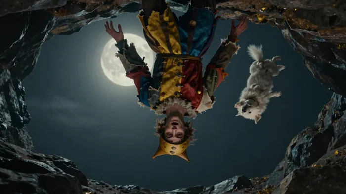 Сюрреалистичное изображение перевернутого Шута Таро над темной бездной, символизирующее хаос и потерю контроля