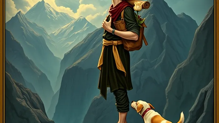 Детализированное изображение карты Таро Шут (Дурак) по мотивам колоды Райдера-Уэйта: молодой человек на краю обрыва смотрит в небо, рядом собака.