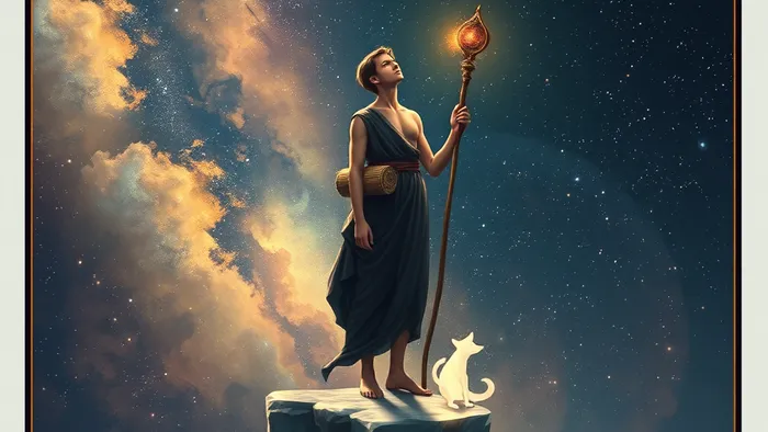 Архетип карты Шут Таро: фигура на краю кристаллического уступа с видом на космос, олицетворяющая чистый потенциал и доверие к неизвестности.