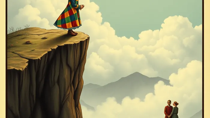 Стилизованное изображение аркана Шут Таро в контексте отношений: фигура на краю облачного обрыва смотрит на бабочку, внизу в долине видны две фигуры.