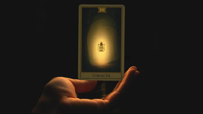 Символическое изображение: рука держит карту Таро 'Сила', от которой исходит свет, освещающий путь через лес. Вокруг — призрачные очертания других Старших Арканов.