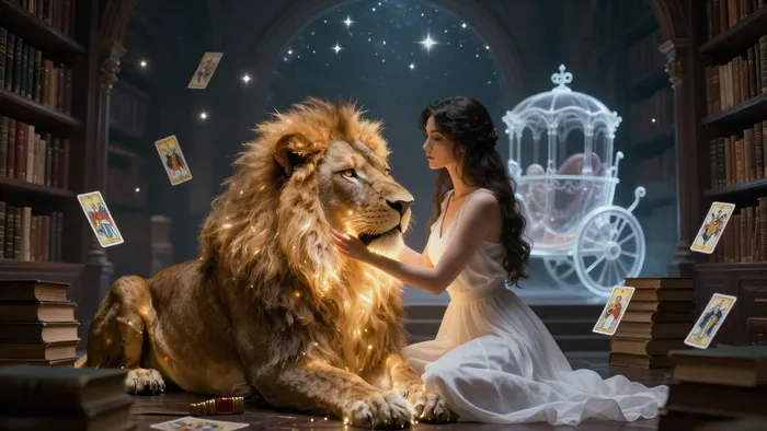 Женщина укрощает льва в окружении книг и карт Таро, символизируя баланс силы, страсти и разума