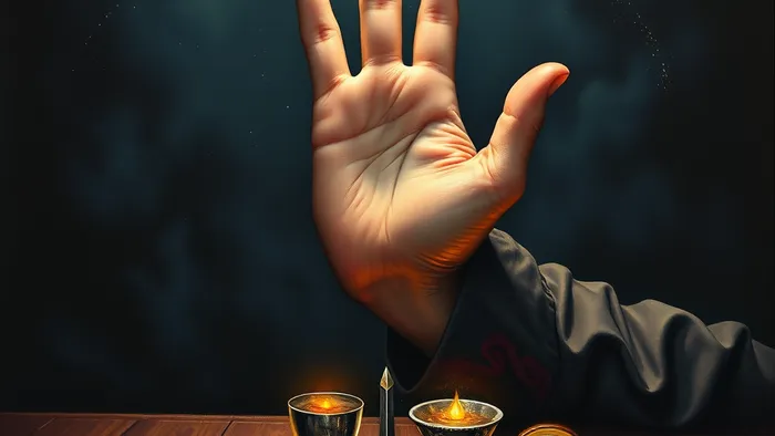 Детализированное изображение жеста Мага "как наверху, так и внизу" на фоне звездного неба, с символами четырех мастей Таро на столе.