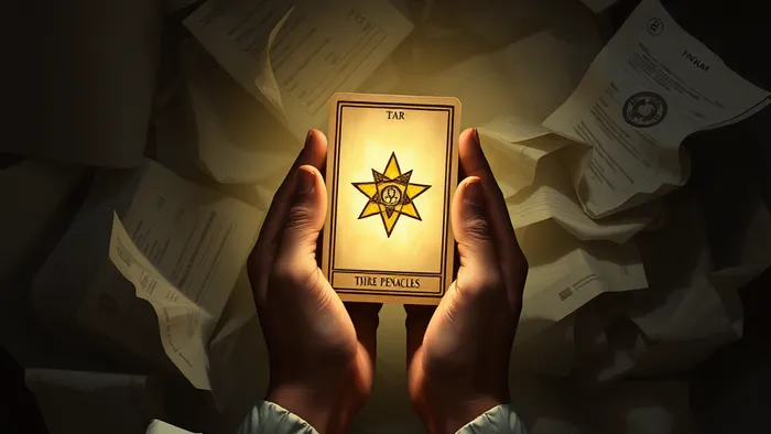 Символическое изображение руки, держащей карту Таро (Звезда или Тройка Пентаклей), которая освещает разбросанные счета за лечение и финансовые документы, символизируя поиск надежды и решений в трудной ситуации.