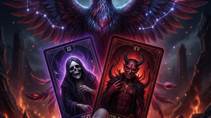 Символичное изображение для медитации Таро Скорпион: карты Смерть и Дьявол на фоне восстающего из пепла феникса и созвездия Скорпиона.
