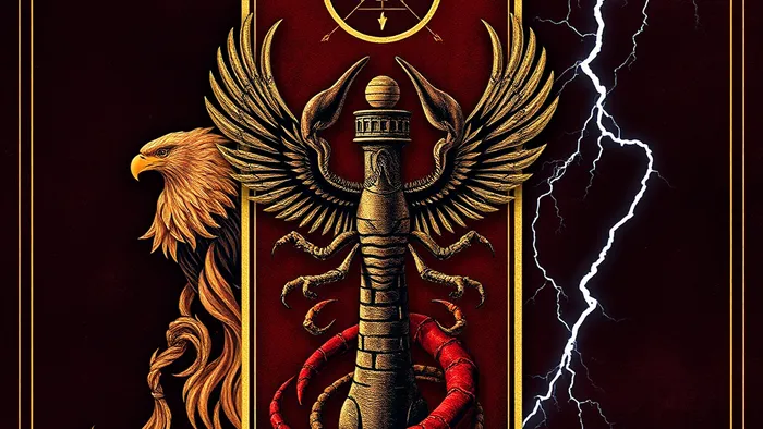 Символический коллаж, объединяющий арканы Таро Смерть, Башня и Сила со знаком Зодиака Скорпион. Изображение трансформации, возрождения и скрытой силы.