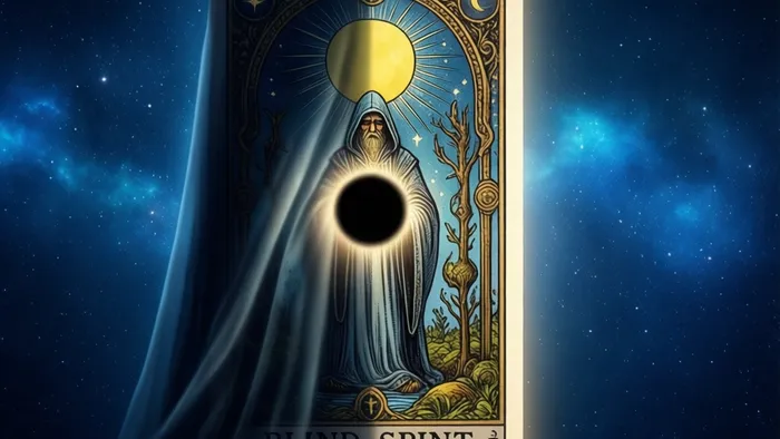 Символическое изображение концепции слепого пятна в Таро: карта, наполовину скрытая тенью, наполовину освещенная, на фоне космоса.