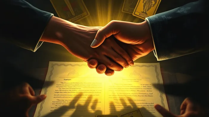 Символическое изображение дилеммы делового партнерства: рукопожатие над контрактом, отбрасывающее тревожные тени, на фоне арканов Таро, говорящих о власти, сложности и риске.