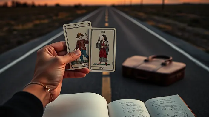 Символическое изображение выбора: руки зрелого человека держат карту Таро Шут на фоне перекрёстка, олицетворяя решение о смене профессии.