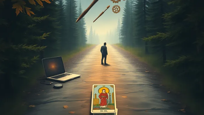 Символическая иллюстрация: развилка путей в канадском лесу, олицетворяющая выбор между старой профессией и новой специальностью. На перекрестке лежит карта Таро Шут.