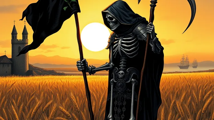 Символическое изображение Аркана Смерть из Таро: фигура в доспехах в поле на рассвете, символы трансформации и обновления.