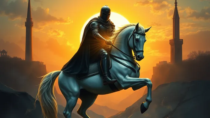 Символическое изображение Аркана Смерть из Таро: Чёрный Всадник на белом коне поднимает знамя с розой на фоне восходящего солнца между башнями.