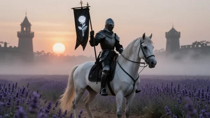 Карта Таро Смерть в кинематографическом стиле: рыцарь на белом коне с черным знаменем на фоне восходящего солнца