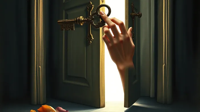 Символическое изображение перевернутого аркана Смерть в Таро: замершая рука на ключе в двери, за которой свет.