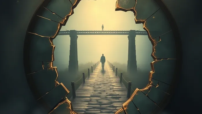 Символическое изображение треснувшего зеркала, скрепленного золотым светом (техника кинцуги), отражающего выбор между разрушенным мостом прошлого и новой тропой в будущее. Рядом парят арканы Таро Башня и Звезда.