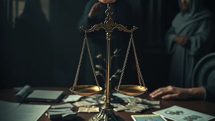 Символическая иллюстрация в стиле карты Таро: весы Правосудия на фоне раздробленного семейного древа и карт, связанных с конфликтом и наследством.