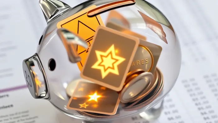 Символическое изображение финансовой дилеммы: копилка, наполненная светящимися картами Таро, лежит на размытом фоне семейного бюджета.