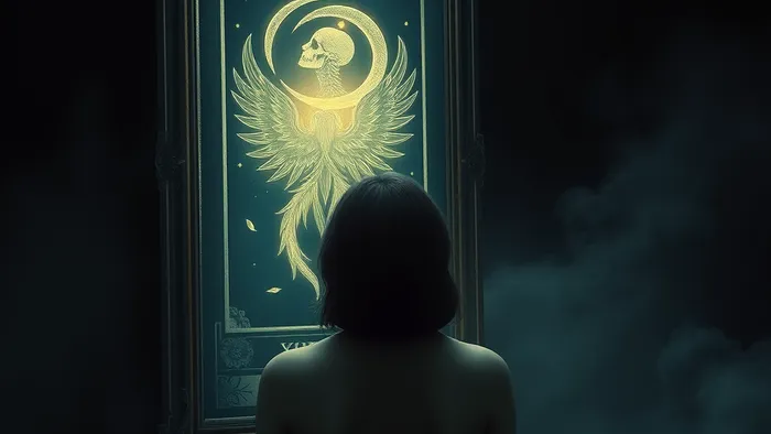 Символическое изображение человека, смотрящего в зеркало, в котором отражается карта Таро «Смерть» в стилизованном, трансформирующем виде.