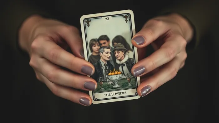 Руки держат карту Таро "Влюблённые" над размытой фотографией пары. Символика выбора, памяти и прошлых отношений.