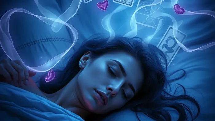 Символическое изображение женщины во сне, где образ бывшего партнёра растворяется в свете, а вокруг парят карты Таро (Восьмёрка Кубков, Колесо Фортуны).