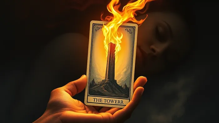 Символическое изображение: рука держит карту Таро, из которой исходит мягкое, контролируемое пламя, освещающее лицо спящего человека. Иллюстрация для статьи о толковании снов о пожаре.