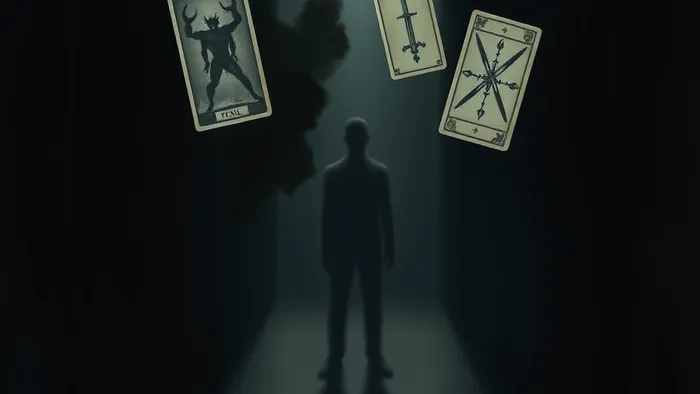 Символическое изображение тёмного переулка с размытой фигурой в конце, олицетворяющей загадку преследователя из сна. В воздухе парят символы карт Таро, связанных со страхом и тревогой.