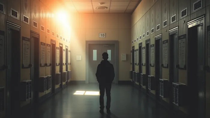 Бесконечный школьный коридор с множеством дверей и одинокой фигурой человека. На стене изображены карты Таро Дурак и Отшельник, символизирующие поиск пути и внутреннюю мудрость.