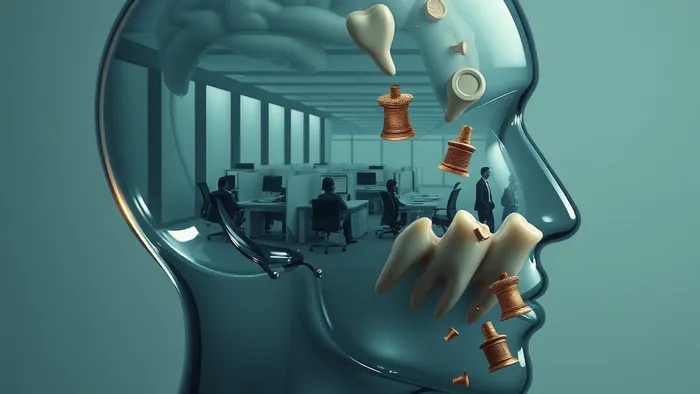 Символическое изображение: голова человека в профиль, внутри вместо мозга — офисное пространство. Зубы выпадают изо рта и превращаются в рассыпающиеся таблички с должностями или колонны.