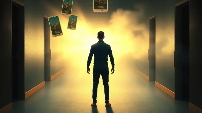 Символическое изображение выбора между путем интуиции с картами Таро и путем тревожности в пространстве, напоминающем офис.
