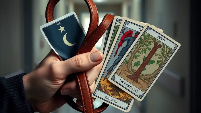 Рука держит поводок собаки и карты Таро (Звезда, Дьявол, Двойка Пентаклей) на фоне ветеринарной клиники — символ сложного выбора между долгом и любовью.