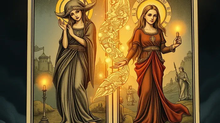 Две карты Таро, из стыка которых рождается третье, объединённое изображение, символизирующее взаимодействие и диалог арканов в раскладе.