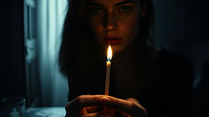 Символическое изображение выбора в темноте: женские руки с зажжённой спичкой освещают половину лица, на заднем плане — размытый силуэт и атрибуты зависимости. Стиль магического реализма.
