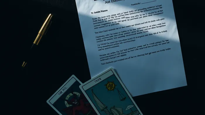 Расклад карт Таро (Дьявол, Звезда, Правосудие) на фоне не подписанного трудового договора и ручки. Символический выбор.