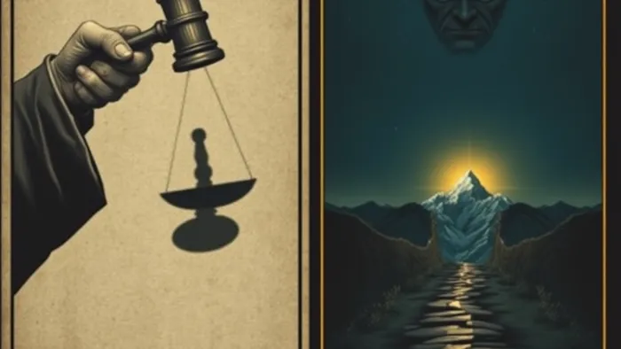 Символическое изображение дилеммы: справедливость и личный конфликт на фоне карты Таро Шут, указывающей на новый путь.