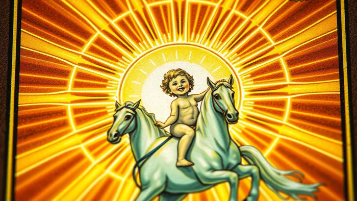 Макросъёмка карты Таро «Солнце» (Аркан XIX) с сияющими лучами. Ребёнок на белом коне под солнечным диском. Астрологические символы Солнца и Льва на фоне.
