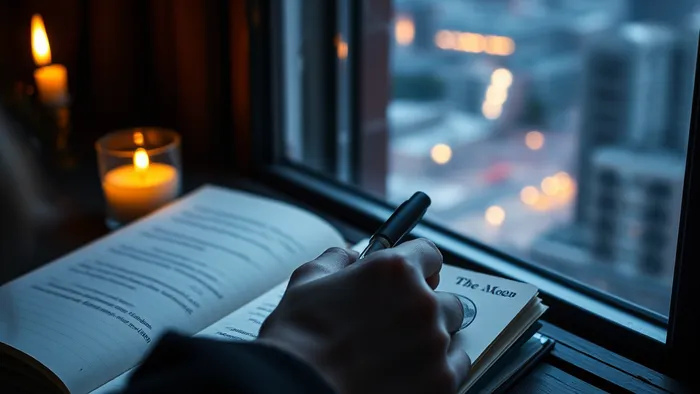 Рука записывает сон в дневник при свече. Рядом лежит карта Таро Луна, символизирующая связь с подсознанием.