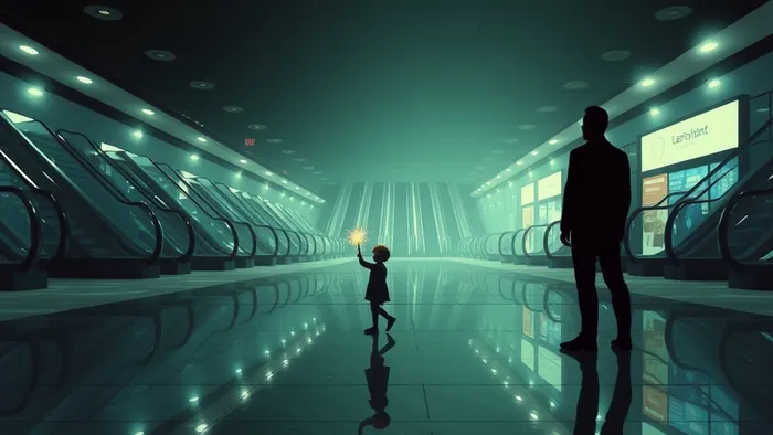 Сюрреалистичное изображение человека в пустом ночном торговом центре с отражением ребёнка, держащего светящуюся искру, на полу.