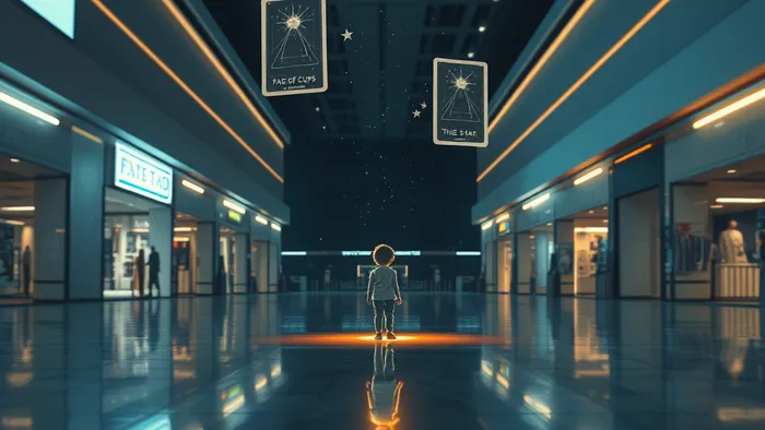 Сюрреалистичное изображение обширного пустого торгового центра, где одинокий светящийся символ внутреннего ребёнка отражается в полированном полу, создавая атмосферу сна и поиска.