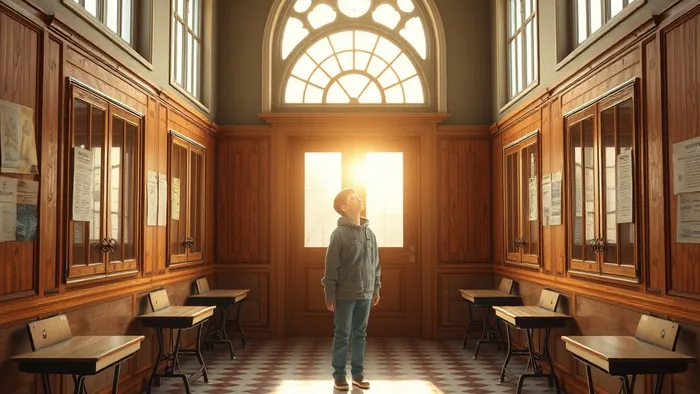 Бесконечный школьный коридор, где вместо дверей в стены встроены большие карты Таро. Человек стоит в центре, глядя на светящуюся карту «Звезда» вдалеке.