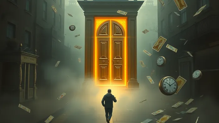 Символическое изображение сна об опоздании: человек бежит по туманному городу, перед ним расходятся два пути — к закрывающейся сияющей двери и через хаос из предметов. В воздухе парят карты Таро.