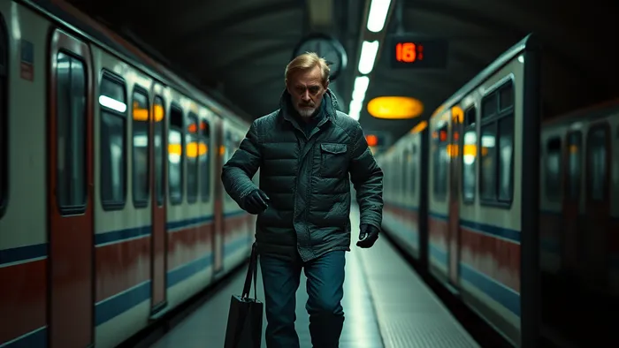 Силуэт человека бежит по станции метро, у него вместо головы большие часы, на стене видны тени карт Таро. Символизирует сон об опоздании и его анализ через эзотерику.