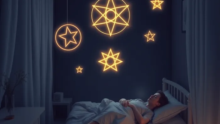 Символическая иллюстрация: человек наблюдает за своим спящим телом со стороны, в воздухе парят светящиеся символы карт Таро Отшельница и Звезда.