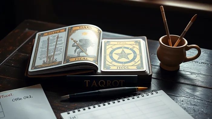 Символичный натюрморт: карты Таро (Шут, Звезда, Тройка Жезлов) рядом с покинутой табличкой с должности и новой чистотой тетрадью, олицетворяющие выбор между старой карьерой и новым призванием.