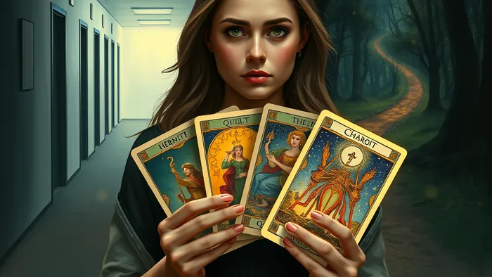 Символическое изображение человека на перекрестке карьеры: одна дорога — офисный коридор, другая — таинственная лесная тропа. В руках — веер карт Таро, освещающих путь.