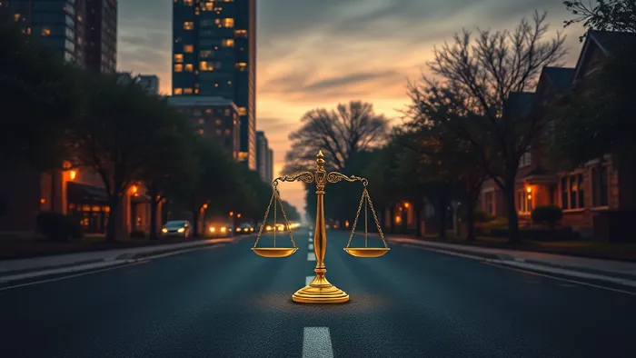 Символическое изображение перекрёстка в городе: одна дорога ведёт к офисной башне, другая — к уютному району. В центре лежит карта Таро Двойка Пентаклей.