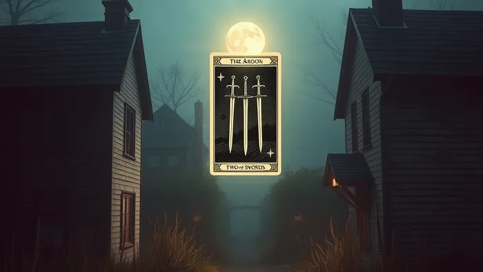 Символическое изображение двух домов и карты Таро между ними, олицетворяющее соседский конфликт и его эзотерический анализ.